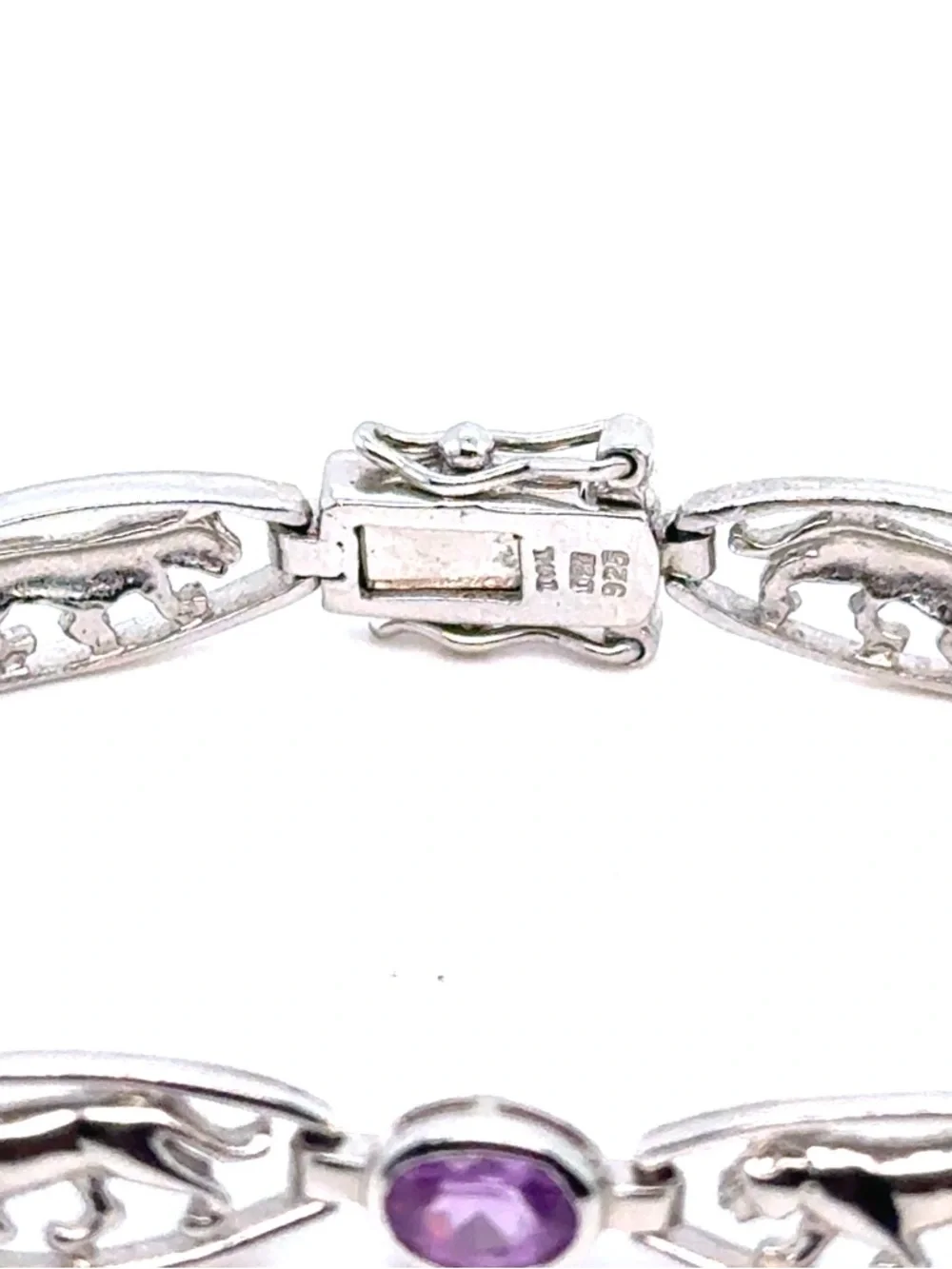 Sterling Silver 925 Panther Link‎ Bracelet with Amethyst Accents